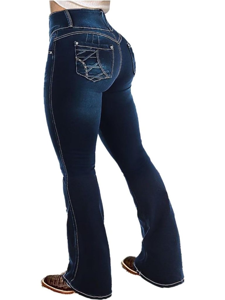 Women's Cobalt Blue Pull On Mid Rise Flare Leg Zipper Lifting Bootcut Jeans